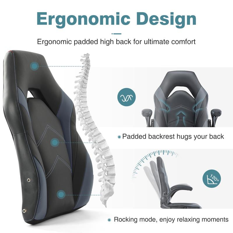 Sweetfurniture Gaming Chair - Computer Chair Ergonomic Office Chair PU Leather Desk Chair Executive Adjustable Swivel Task Chair with Flip-Up Armrest
