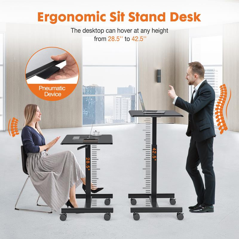 Sweet Furniture F Small Mobile Rolling Standing Desk - Overbed Table, Teacher Podium with Wheels, Adjustable Work Table, Rolling Desk Laptop Computer Cart for Home, Office, Classroom