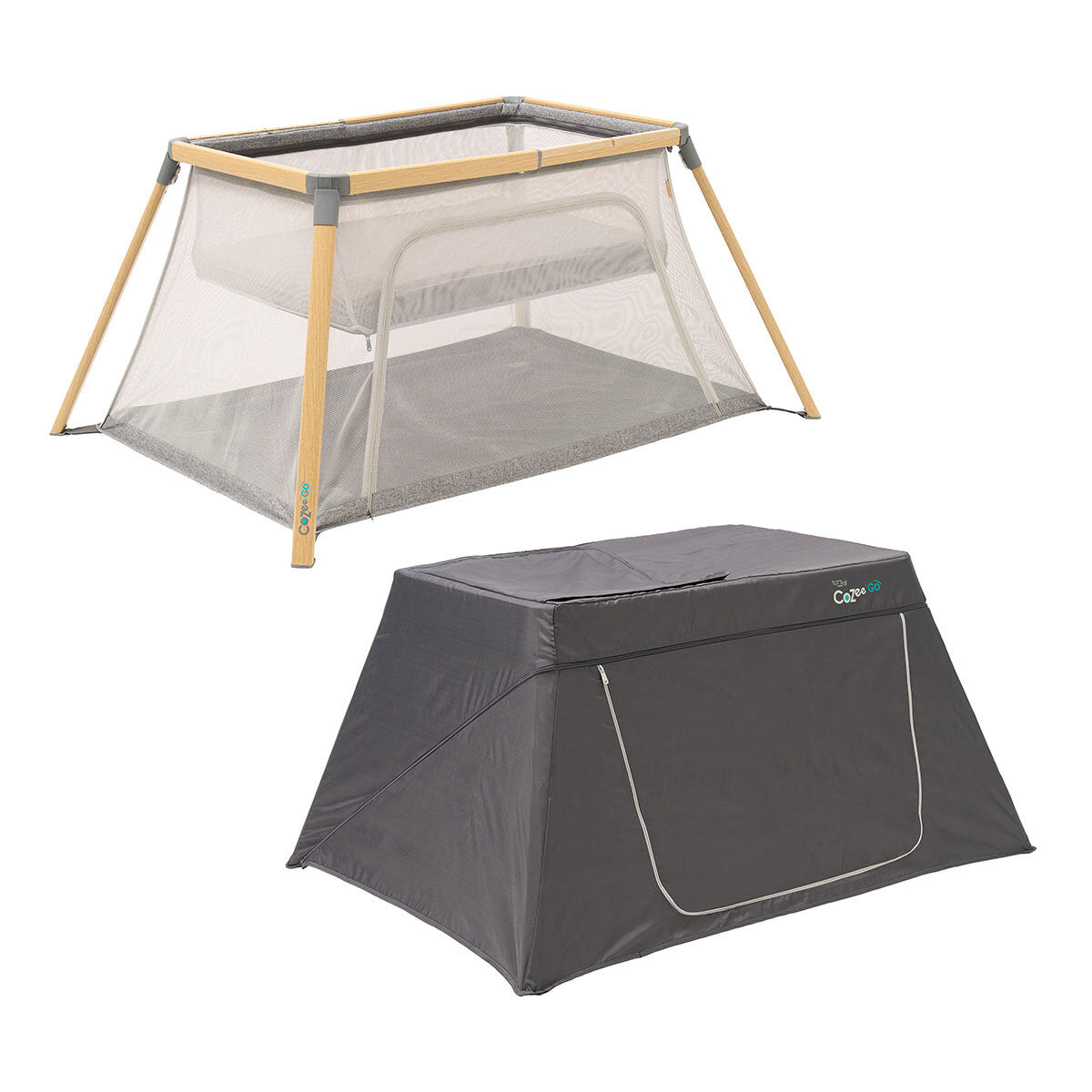 Cozee Go Day & Night Travel Cot Bundle, Oak & Charcoal Finish