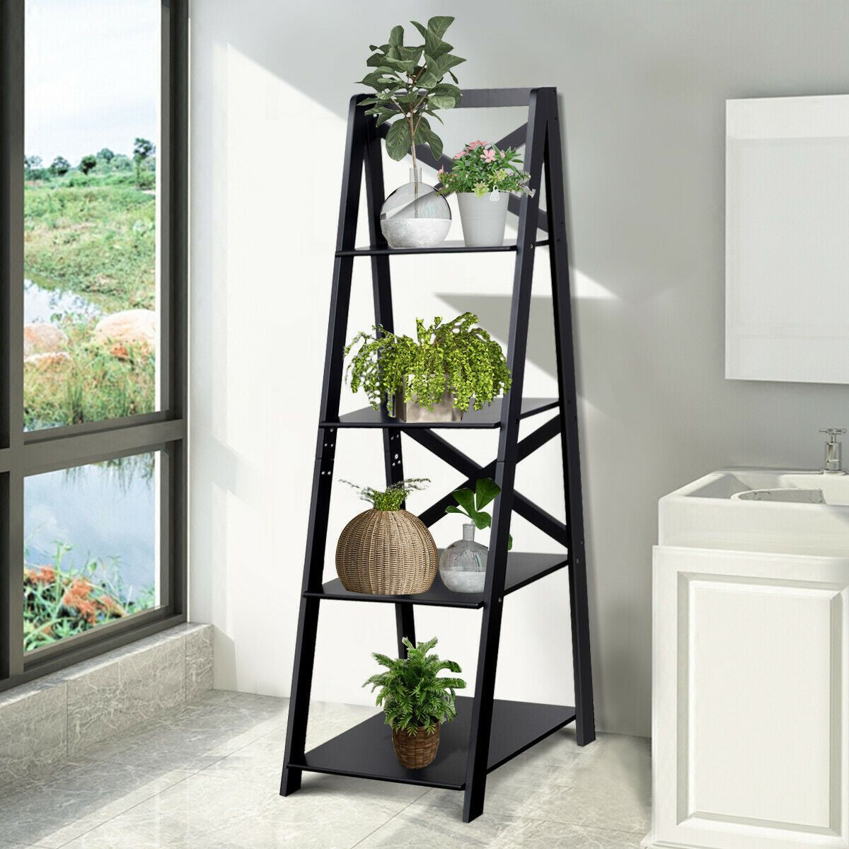 4 Tier Wooden Ladder Shelving Unit