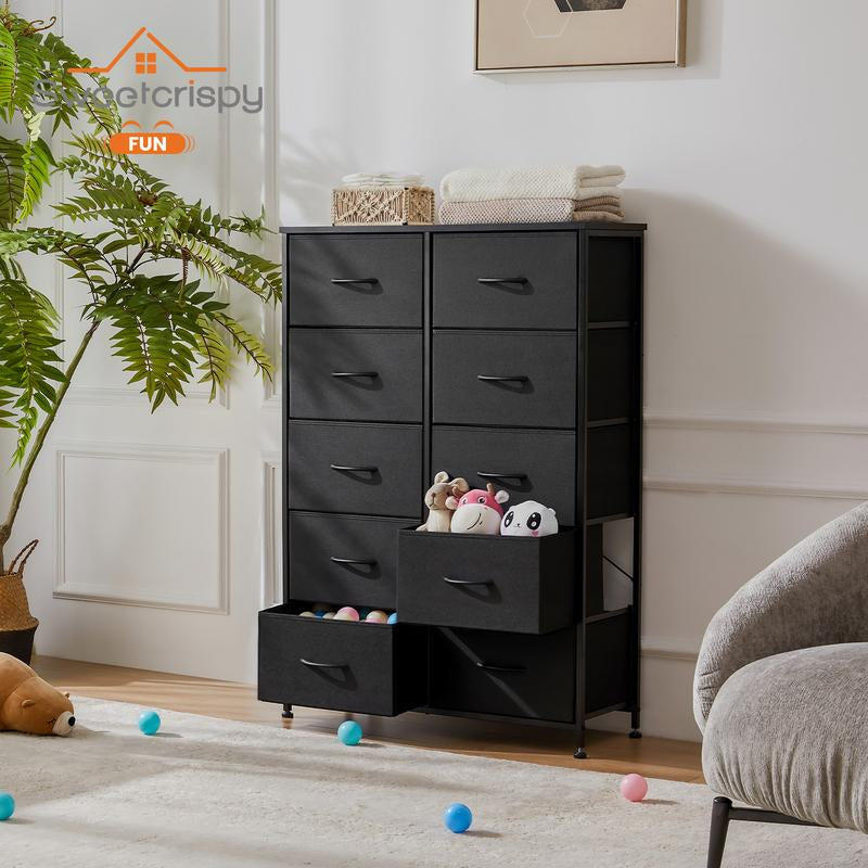 Sweet Furniture F Dresser - Fabric Storage Tower with 10 Drawers, Bedroom Drawer Dresser Organizer, Chest of Drawers with Fabric Bins, Steel Frame and Wood Top for Bedroom, Closet, Entryway Assembled