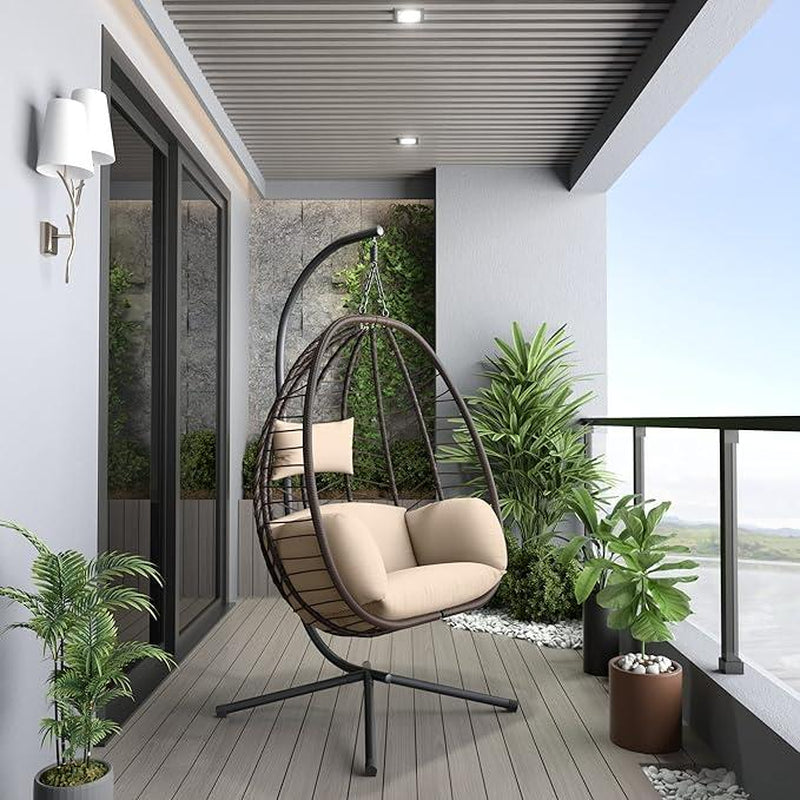 Egg Swing Chair Outdoor Indoor Wicker Rattan Hanging Chair with Stand 350Lbs Capacity W/Strong Frame & Cushions for Patio Balcony Bedroom