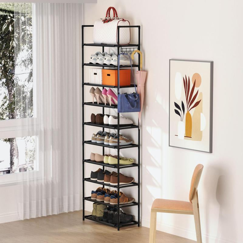Multi-Tier Shoe Rack, 1 Count Apartment Furniture Space Saving Shoe Organizer with Hooks, Air Condition Room Storage Organizer for Hanging Bags, Umbrella, Household Essentials