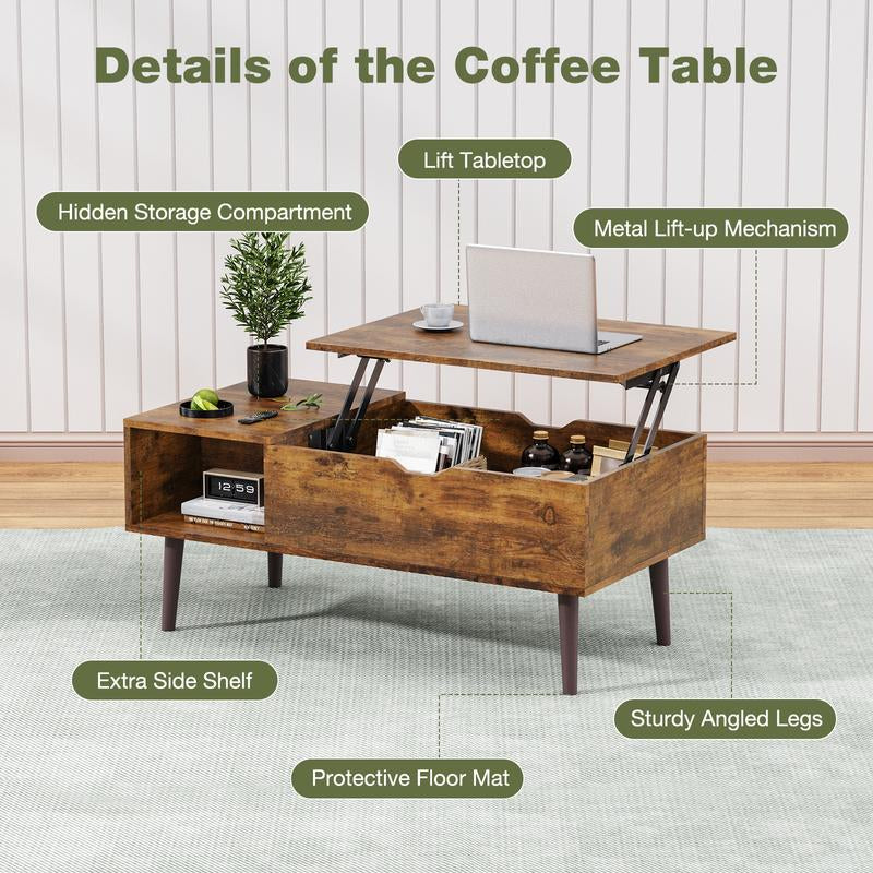 Sweetcrispy plus Coffee Table, Lift Top Coffee Tables for Living Room, Rising Tabletop Wood Dining Center Tables with Storage Shelf and Hidden Compartment
