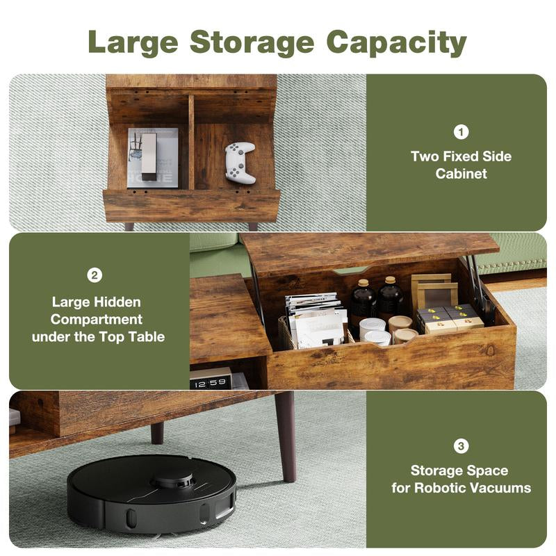 Sweetcrispy plus Coffee Table, Lift Top Coffee Tables for Living Room, Rising Tabletop Wood Dining Center Tables with Storage Shelf and Hidden Compartment