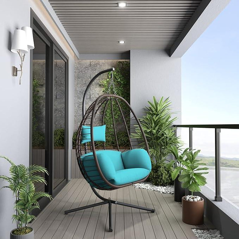 Egg Swing Chair Outdoor Indoor Wicker Rattan Hanging Chair with Stand 350Lbs Capacity W/Strong Frame & Cushions for Patio Balcony Bedroom