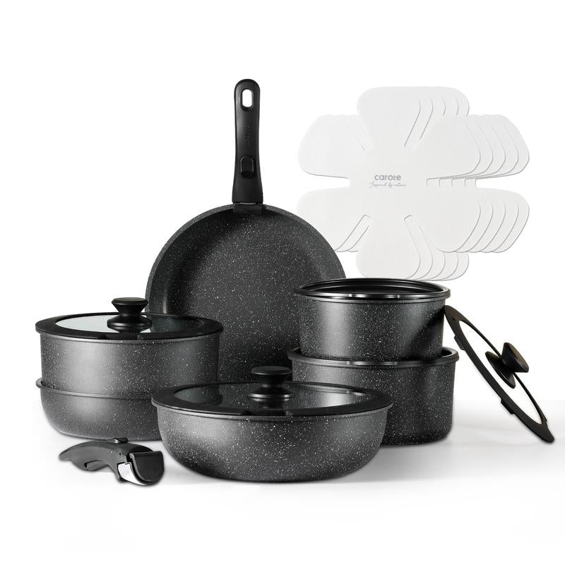 CAROTE 11/18Pcs Black Removable Handle Cookware Set, Induction & Oven Safe, Non-Stick