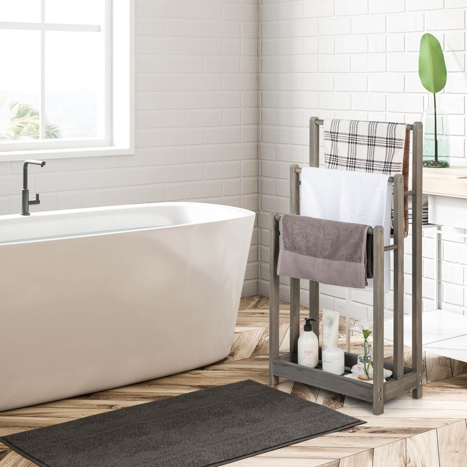 Freestanding Wood Towel Rack with 3 Individual Bars and Bottom Storage Shelf