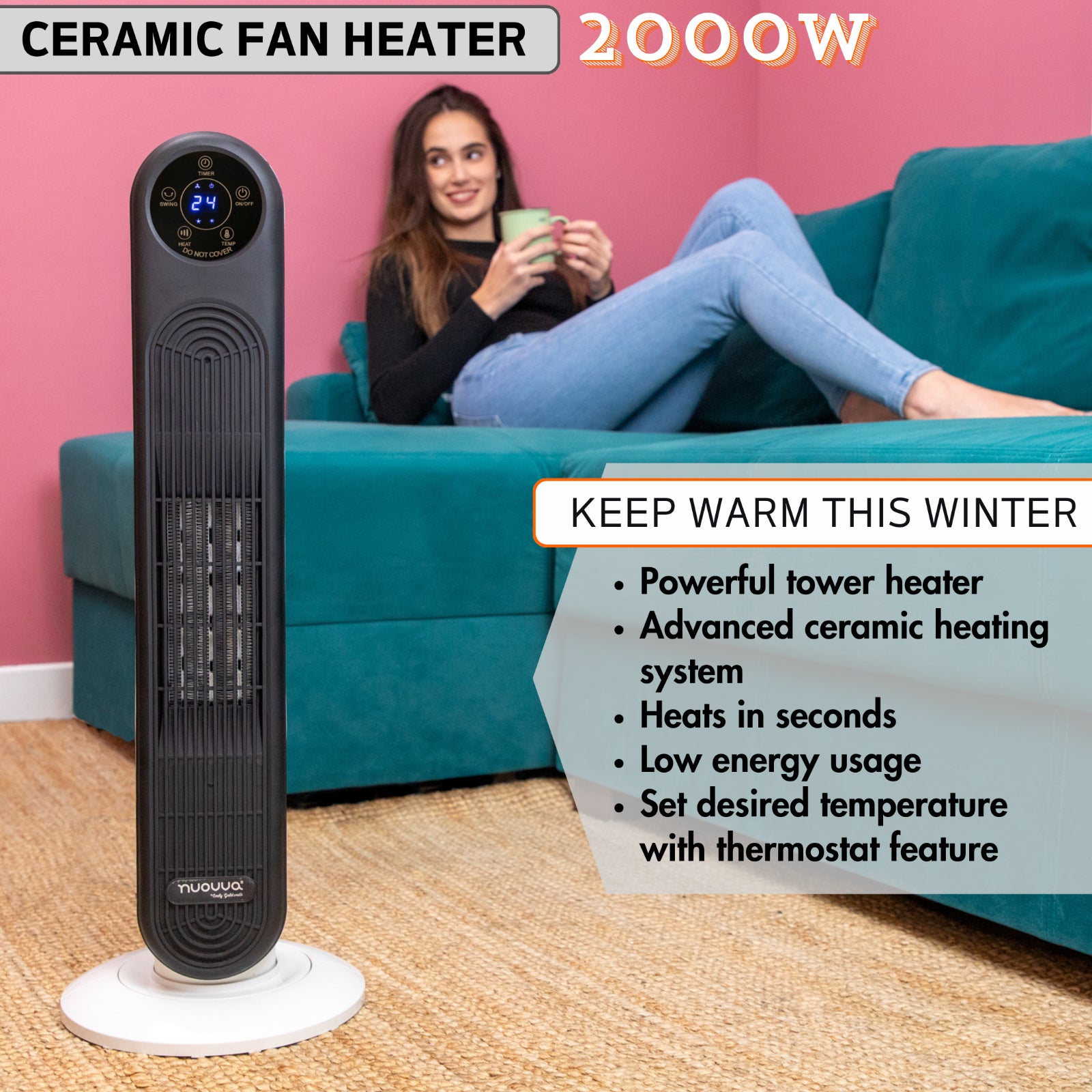 Electric Heater Energy Efficient, Ceramic Tower Fan, Silent, by Nuovva