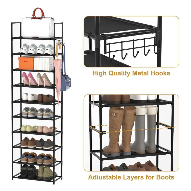 Multi-Tier Shoe Rack, 1 Count Apartment Furniture Space Saving Shoe Organizer with Hooks, Air Condition Room Storage Organizer for Hanging Bags, Umbrella, Household Essentials