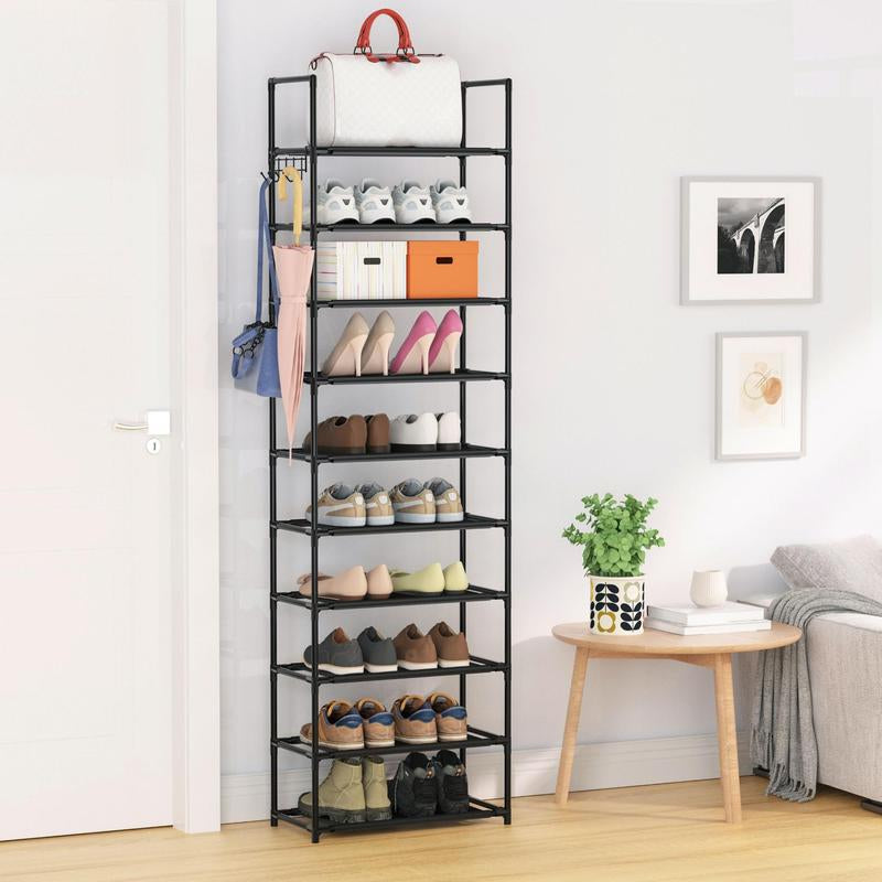 Multi-Tier Shoe Rack, 1 Count Apartment Furniture Space Saving Shoe Organizer with Hooks, Air Condition Room Storage Organizer for Hanging Bags, Umbrella, Household Essentials