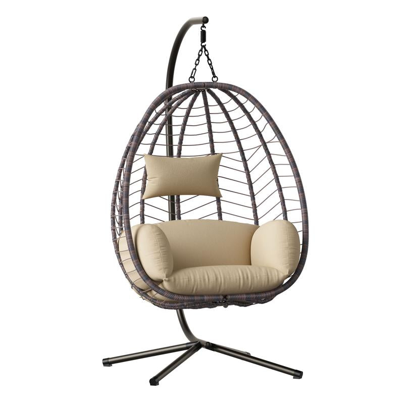 Egg Swing Chair Outdoor Indoor Wicker Rattan Hanging Chair with Stand 350Lbs Capacity W/Strong Frame & Cushions for Patio Balcony Bedroom