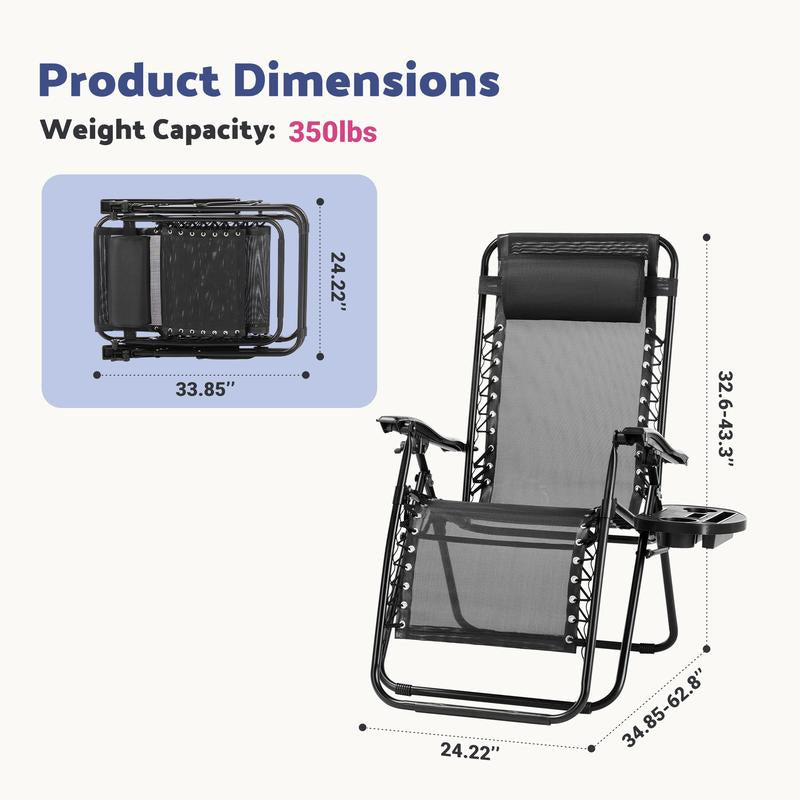 Sweetcrispy Home Outdoor Chairs Zero Gravity Chairs, Set of 2 Portable Recliner Beach Camping Patio Outdoor Folding Lounge Chair with Cup Holder Trays and Adjustable Pillow for Poolside, Garden, Backyard, Lawn