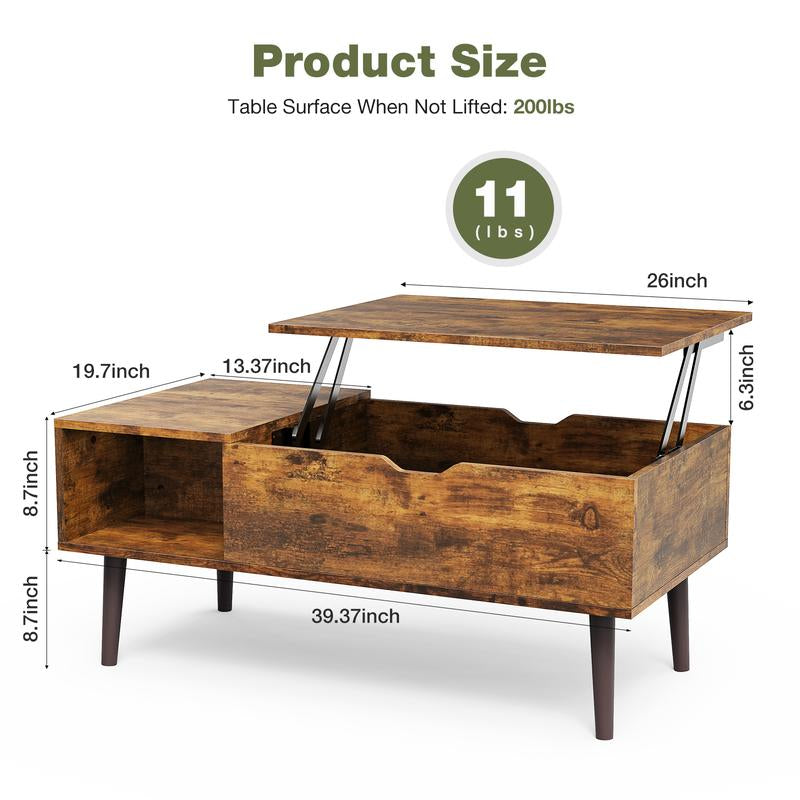 Sweetcrispy plus Coffee Table, Lift Top Coffee Tables for Living Room, Rising Tabletop Wood Dining Center Tables with Storage Shelf and Hidden Compartment