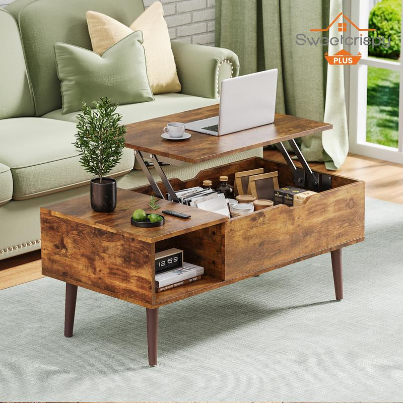 Sweetcrispy plus Coffee Table, Lift Top Coffee Tables for Living Room, Rising Tabletop Wood Dining Center Tables with Storage Shelf and Hidden Compartment