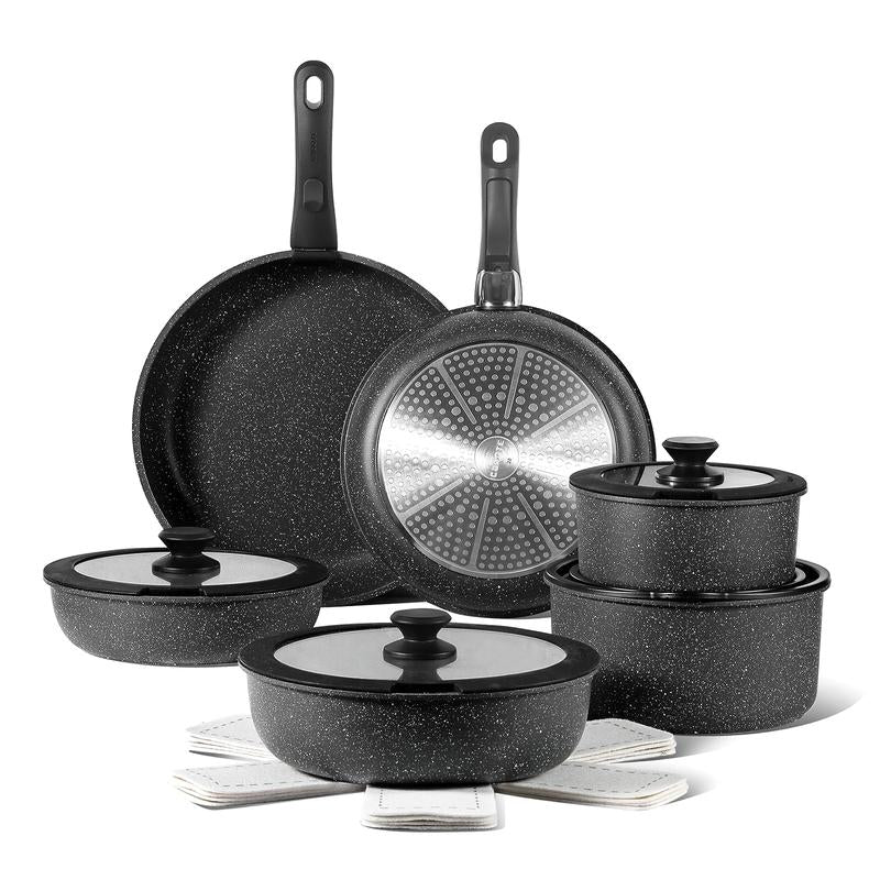CAROTE 11/18Pcs Black Removable Handle Cookware Set, Induction & Oven Safe, Non-Stick