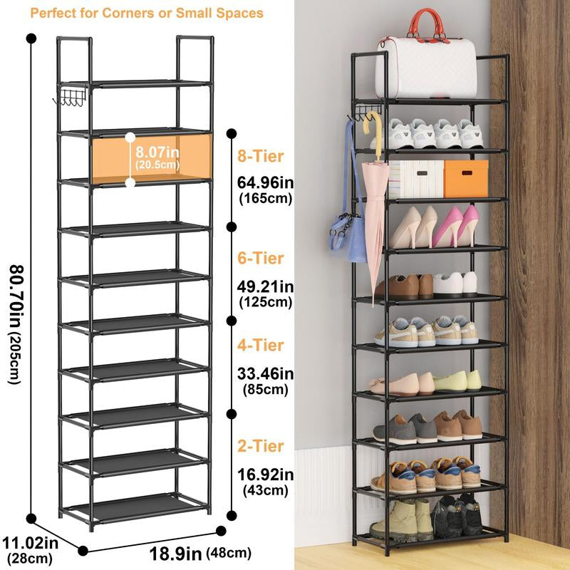 Multi-Tier Shoe Rack, 1 Count Apartment Furniture Space Saving Shoe Organizer with Hooks, Air Condition Room Storage Organizer for Hanging Bags, Umbrella, Household Essentials