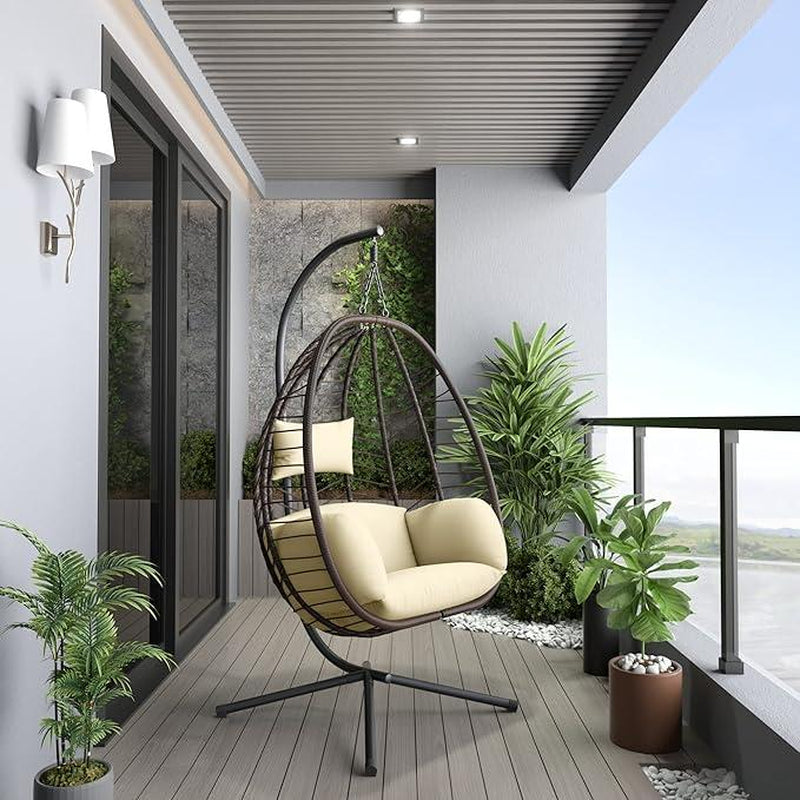 Egg Swing Chair Outdoor Indoor Wicker Rattan Hanging Chair with Stand 350Lbs Capacity W/Strong Frame & Cushions for Patio Balcony Bedroom