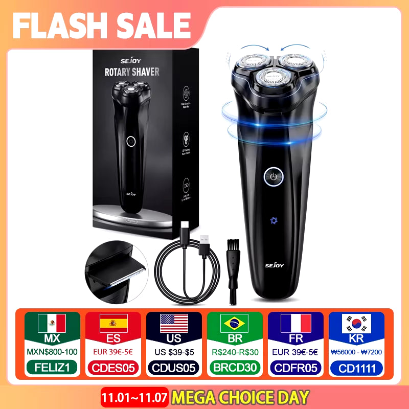 Electric Razor for Men 3D Rotary Shaver Pop-Up Beard Trimmer Rechargeable