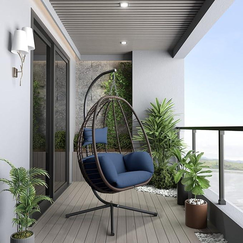 Egg Swing Chair Outdoor Indoor Wicker Rattan Hanging Chair with Stand 350Lbs Capacity W/Strong Frame & Cushions for Patio Balcony Bedroom