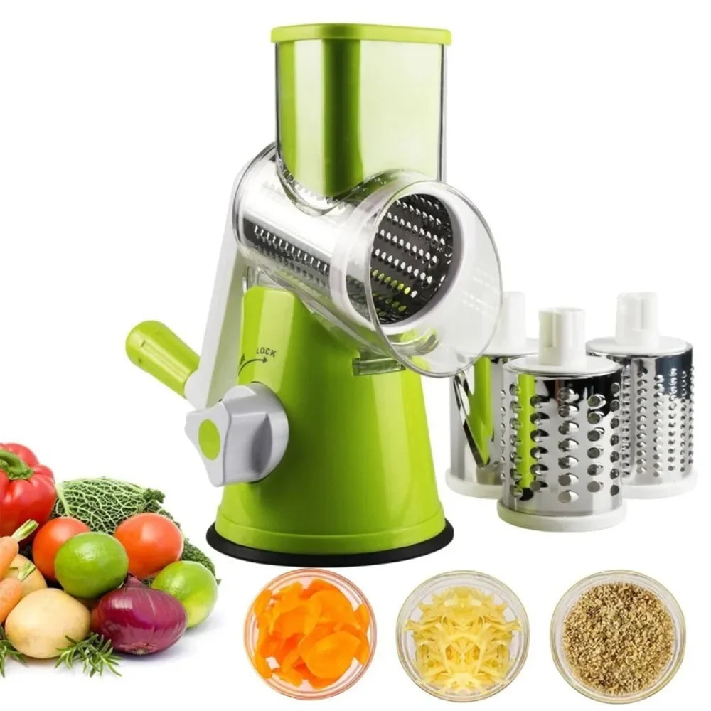 Vegetable Cutter & Slicer Manual Kitchen Cheese Chopper Machine with 3 Sharp Drums Multifunctional Garlic Potato Shredder