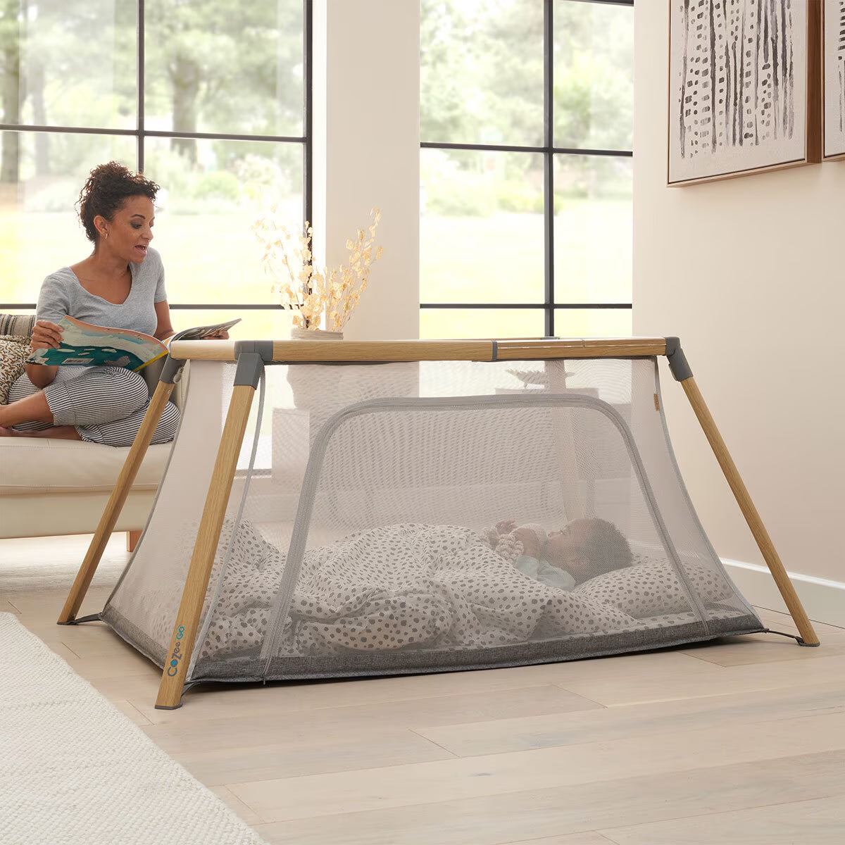Cozee Go Day & Night Travel Cot Bundle, Oak & Charcoal Finish