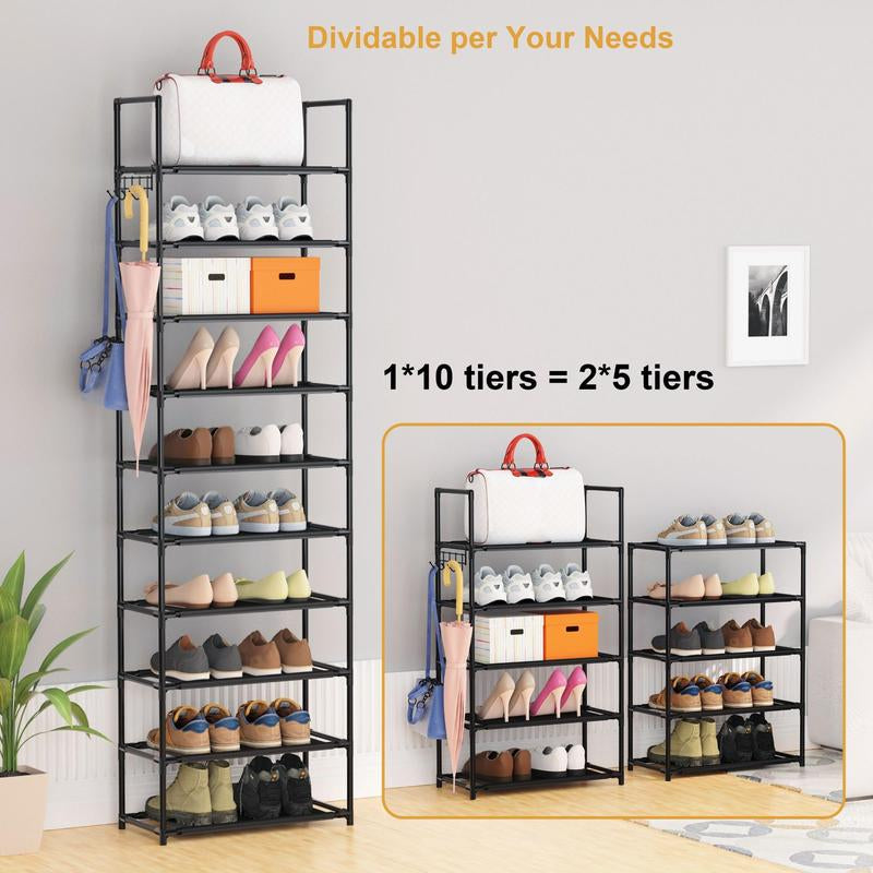Multi-Tier Shoe Rack, 1 Count Apartment Furniture Space Saving Shoe Organizer with Hooks, Air Condition Room Storage Organizer for Hanging Bags, Umbrella, Household Essentials
