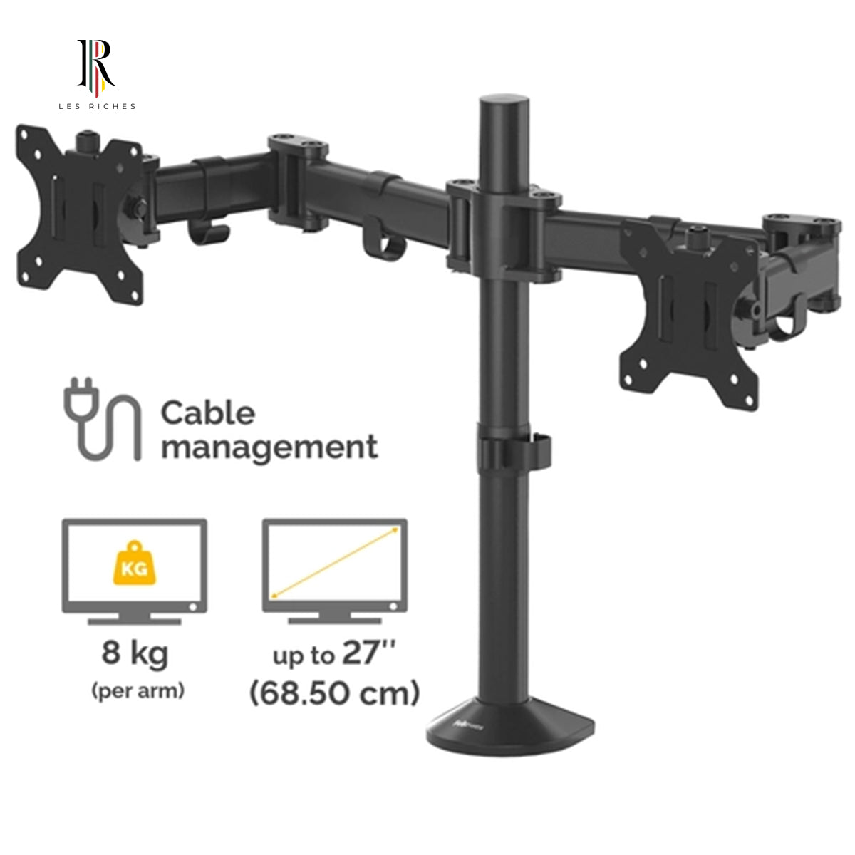 Fellowes Reflex Dual Monitor Arm – Adjustable Mount for 27" Screens (up to 8kg each), Tilt 45°, Pan 180°, 360° Rotation, VESA 75x75/100x100, Black