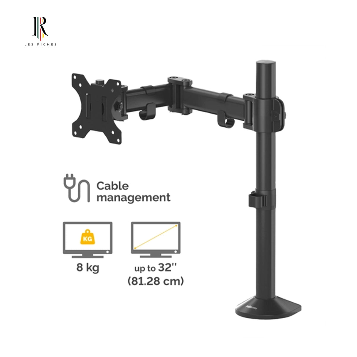 Fellowes Reflex Adjustable Monitor Arm – Supports 32" Screens up to 8kg, Tilt 45°, Pan 180°, Rotate 360°, VESA Compatible, Black