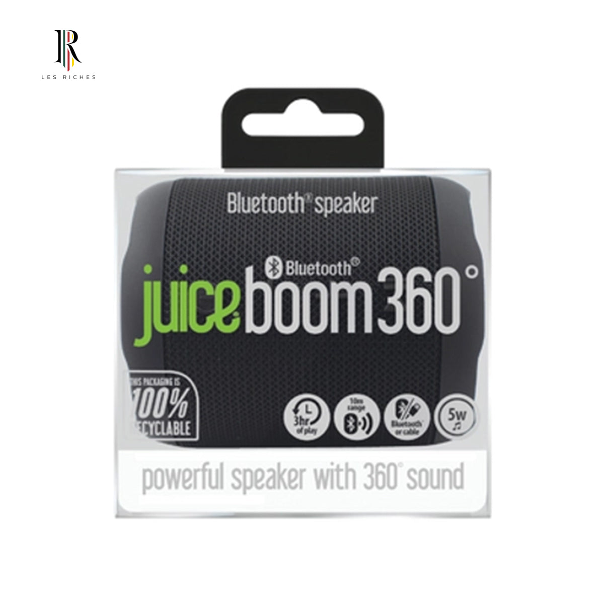 Juice Boom 360 Bluetooth Speaker – 5W Power, Wired & Wireless Connectivity, Eco-Friendly Black Cylinder