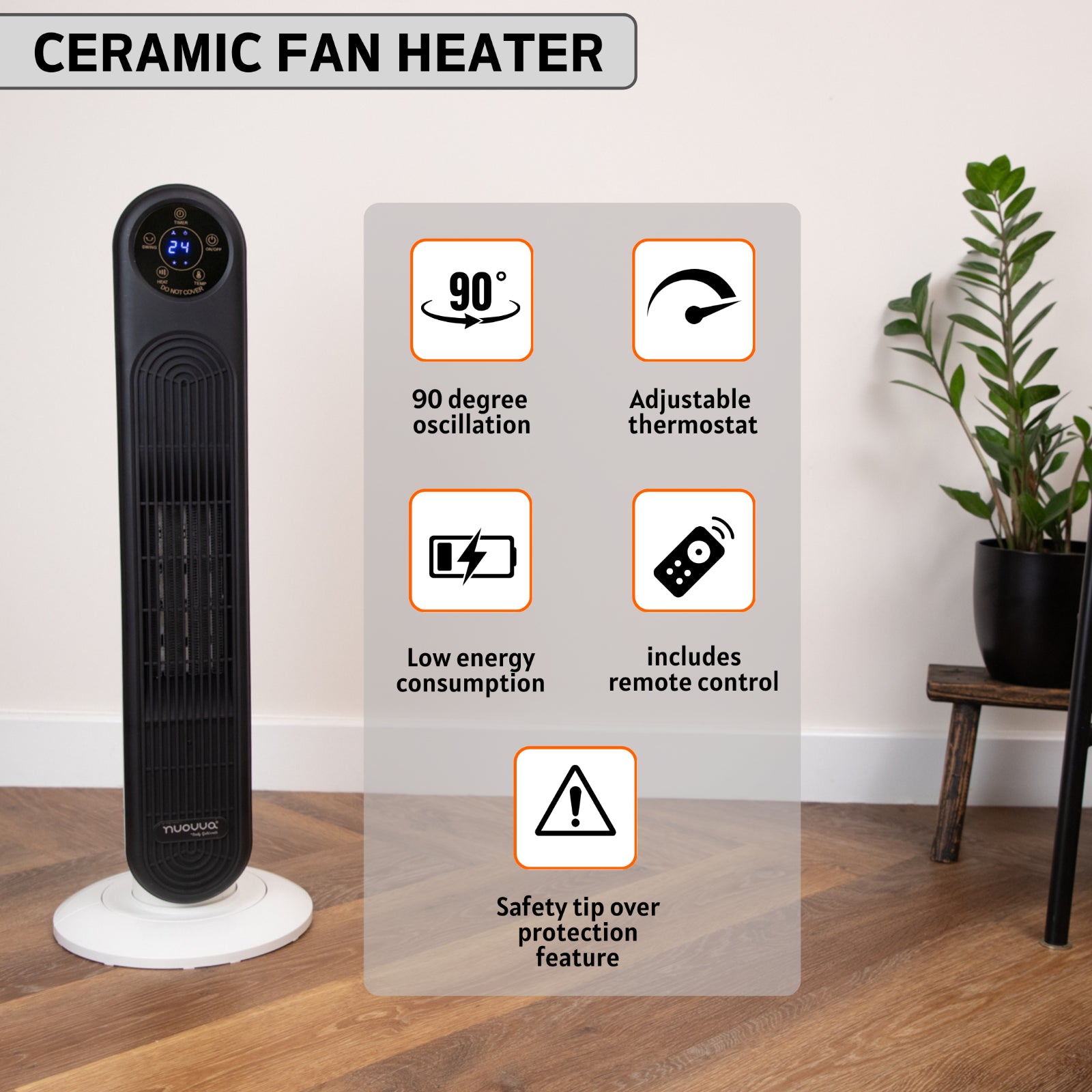 Electric Heater Energy Efficient, Ceramic Tower Fan, Silent, by Nuovva