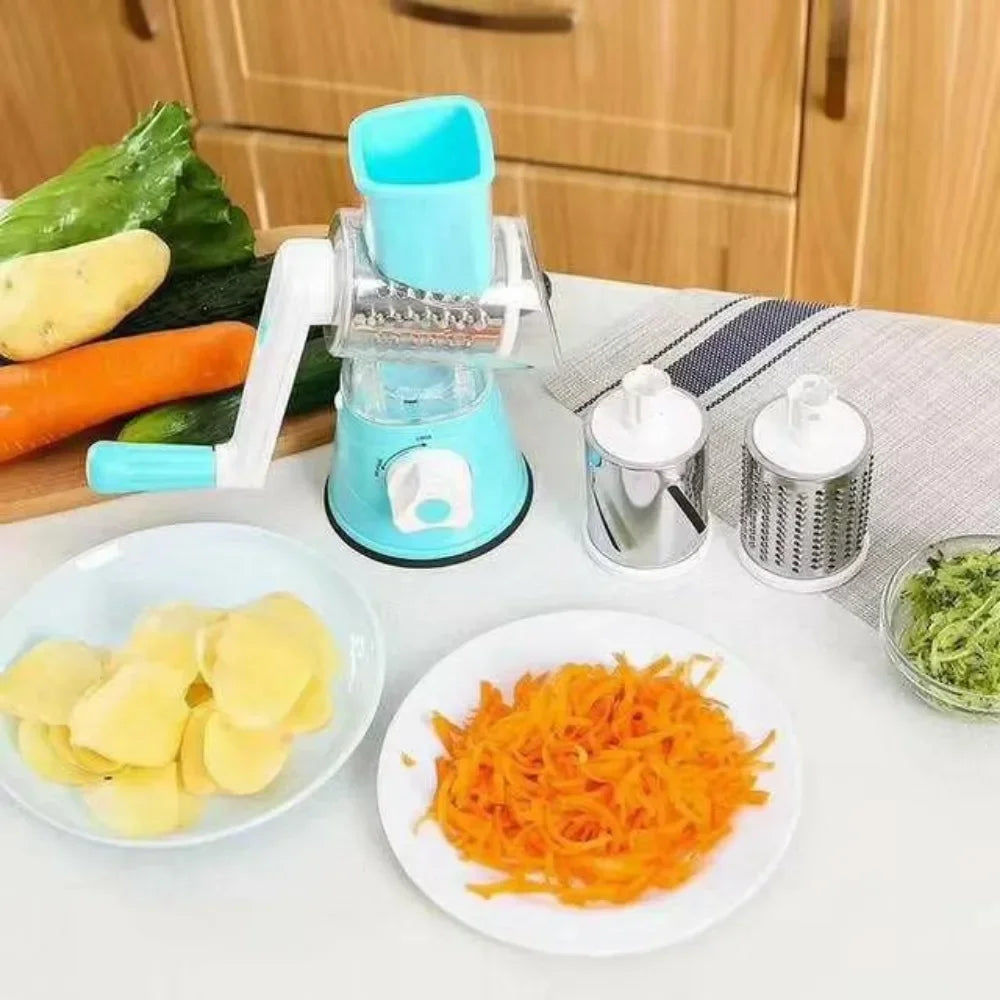 Vegetable Cutter & Slicer Manual Kitchen Cheese Chopper Machine with 3 Sharp Drums Multifunctional Garlic Potato Shredder