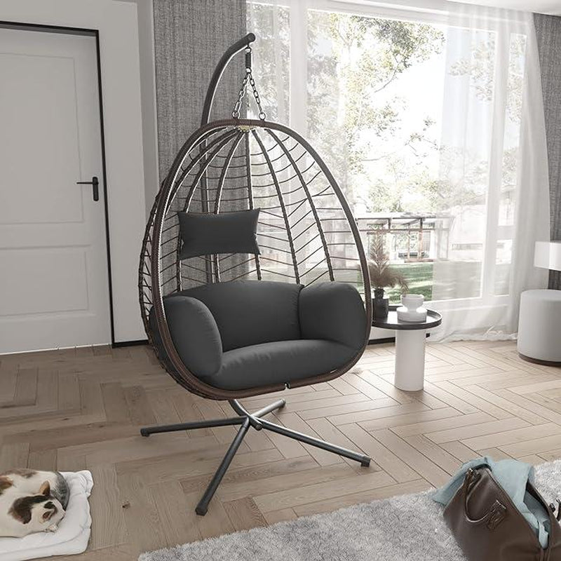 Egg Swing Chair Outdoor Indoor Wicker Rattan Hanging Chair with Stand 350Lbs Capacity W/Strong Frame & Cushions for Patio Balcony Bedroom
