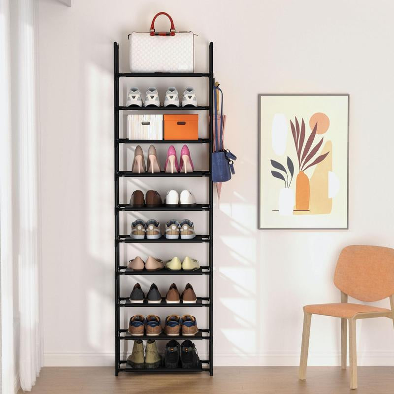 Multi-Tier Shoe Rack, 1 Count Apartment Furniture Space Saving Shoe Organizer with Hooks, Air Condition Room Storage Organizer for Hanging Bags, Umbrella, Household Essentials