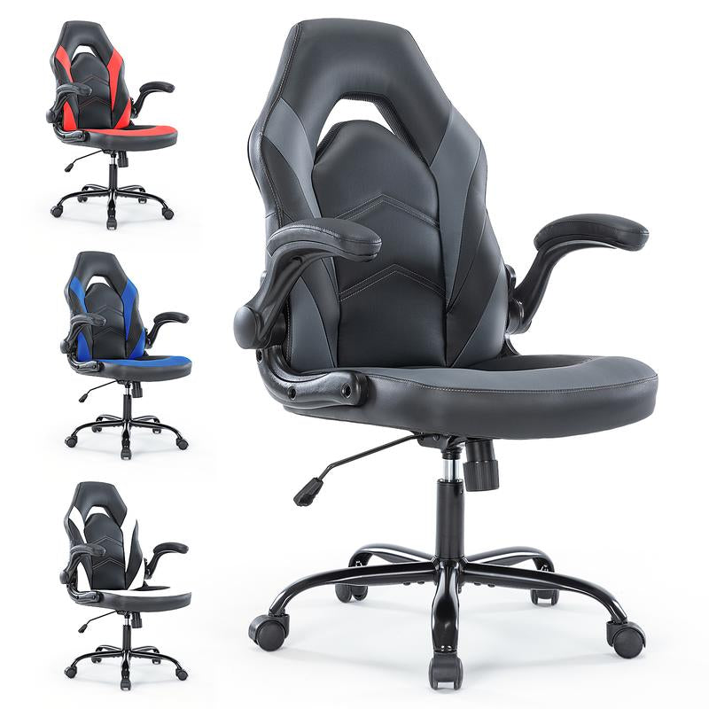 Sweetfurniture Gaming Chair - Computer Chair Ergonomic Office Chair PU Leather Desk Chair Executive Adjustable Swivel Task Chair with Flip-Up Armrest