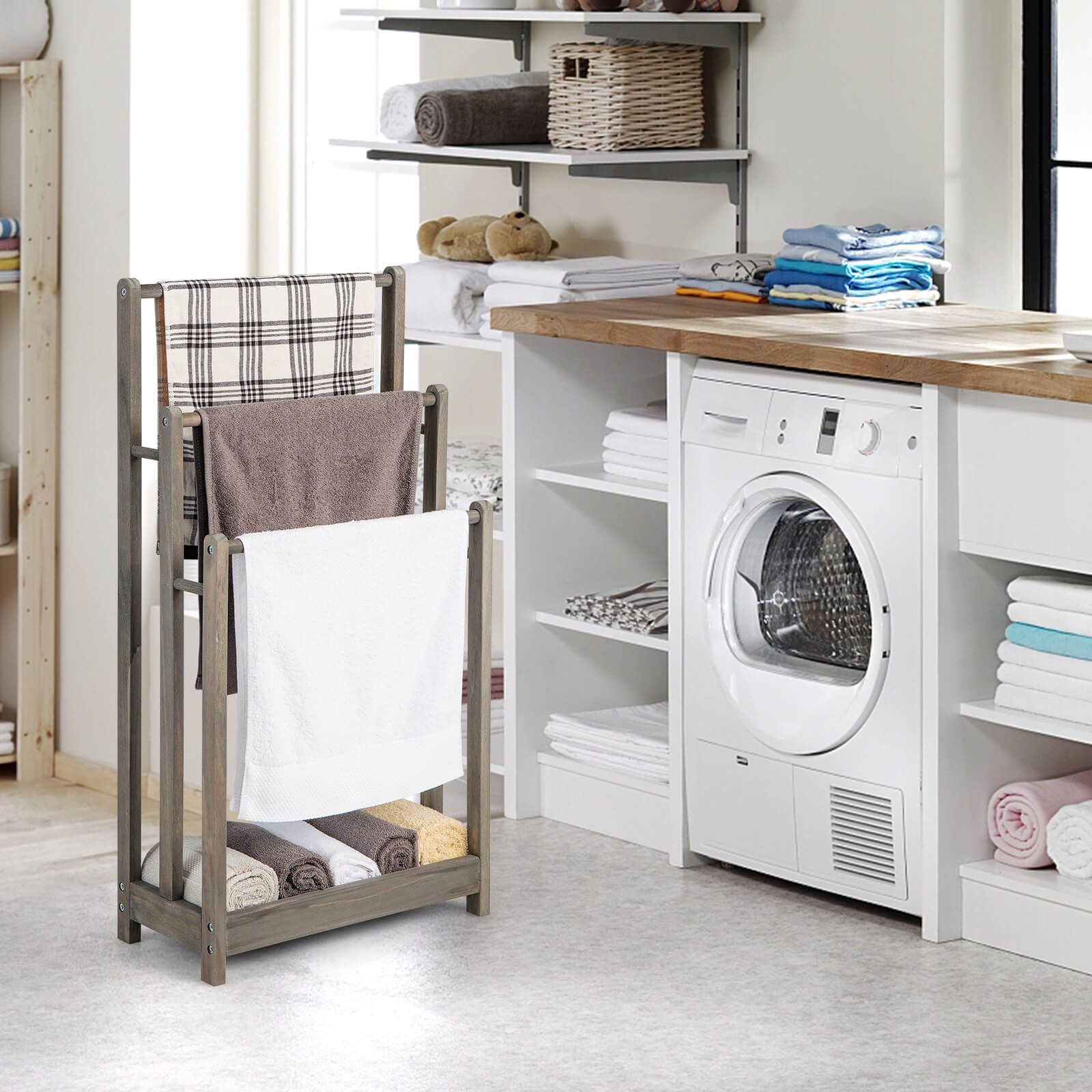 Freestanding Wood Towel Rack with 3 Individual Bars and Bottom Storage Shelf