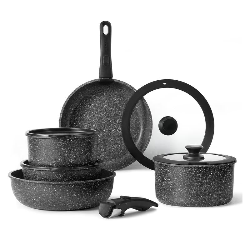 CAROTE 11/18Pcs Black Removable Handle Cookware Set, Induction & Oven Safe, Non-Stick