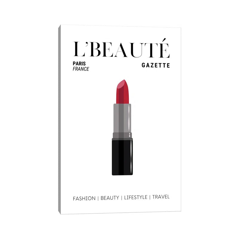 L'Beaute Gazette Makeup Magazine Cover with Classic Red Lipstick by Design Harvest - Wrapped Canvas Print
