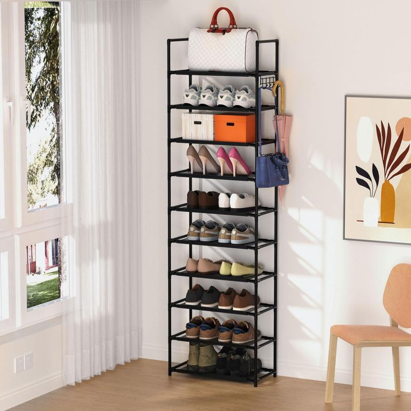 Multi-Tier Shoe Rack, 1 Count Apartment Furniture Space Saving Shoe Organizer with Hooks, Air Condition Room Storage Organizer for Hanging Bags, Umbrella, Household Essentials