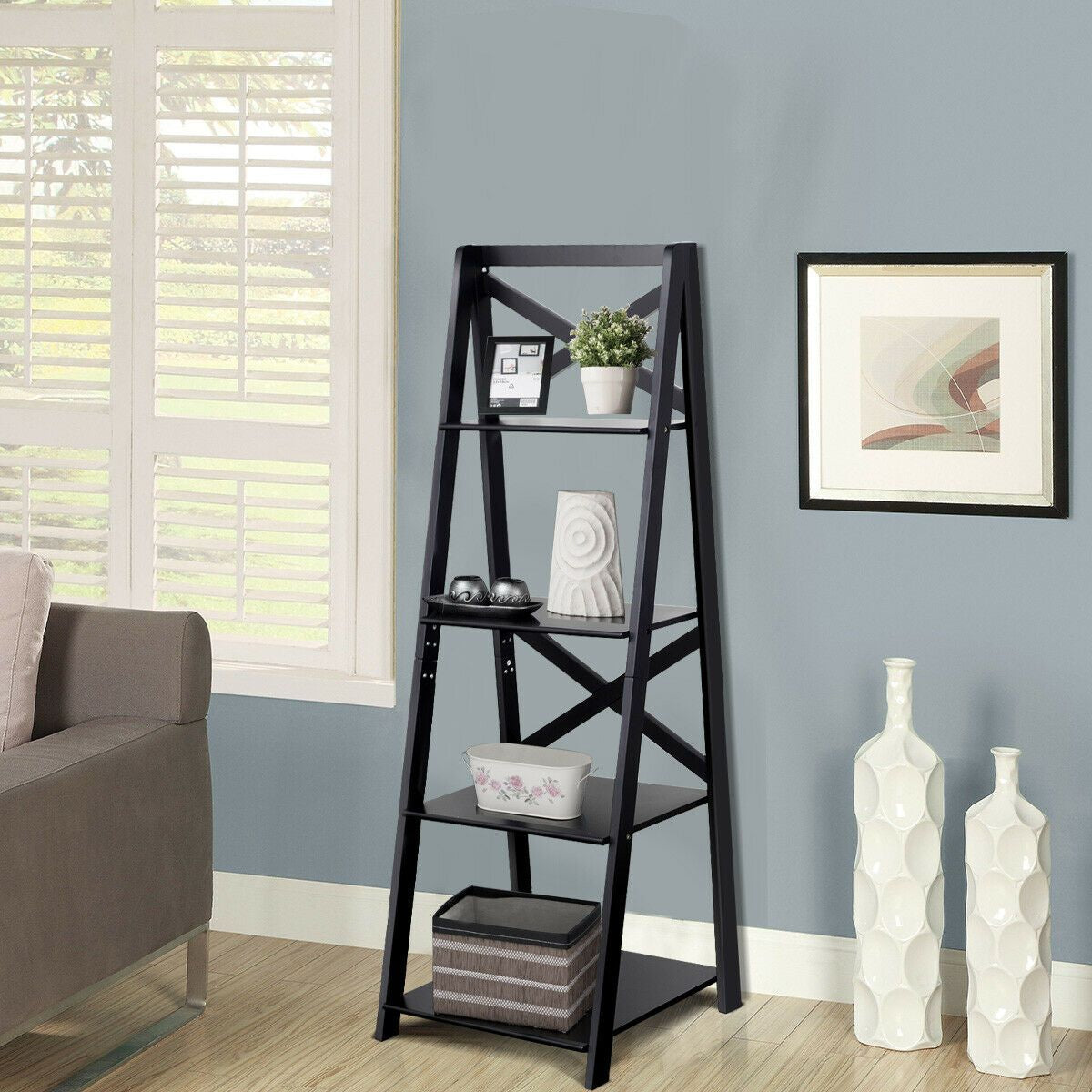 4 Tier Wooden Ladder Shelving Unit