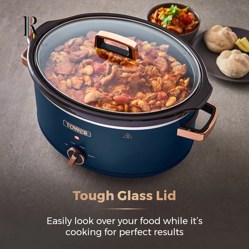 T16043MNB Cavaletto 6.5 Litre Slow Cooker with 3 Heat Settings, Removable Pot and Cool Touch Handles, Midnight Blue and Rose Gold