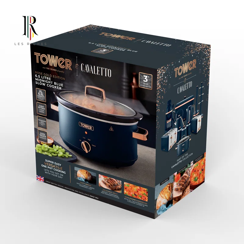 T16043MNB Cavaletto 6.5 Litre Slow Cooker with 3 Heat Settings, Removable Pot and Cool Touch Handles, Midnight Blue and Rose Gold
