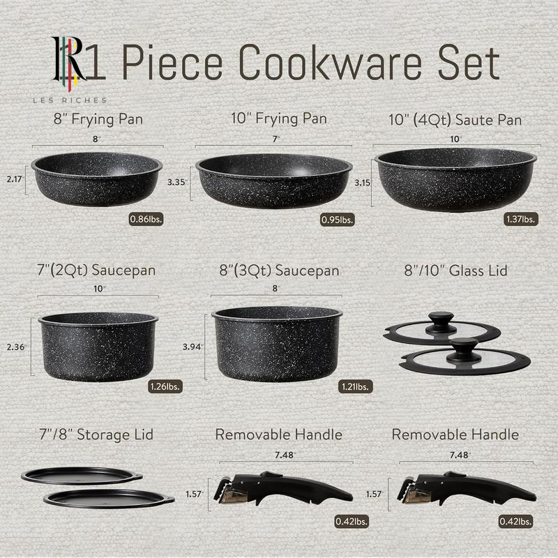CAROTE 11/18Pcs Black Removable Handle Cookware Set, Induction & Oven Safe, Non-Stick
