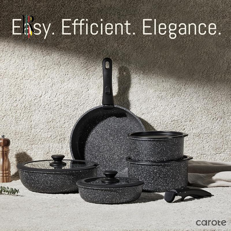 CAROTE 11/18Pcs Black Removable Handle Cookware Set, Induction & Oven Safe, Non-Stick