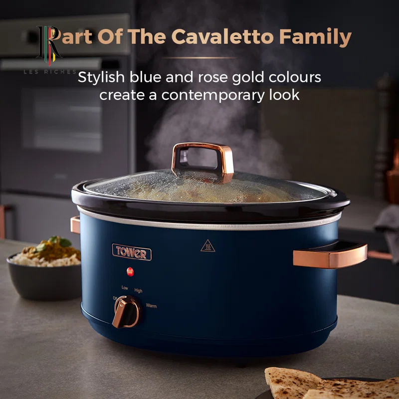 T16043MNB Cavaletto 6.5 Litre Slow Cooker with 3 Heat Settings, Removable Pot and Cool Touch Handles, Midnight Blue and Rose Gold