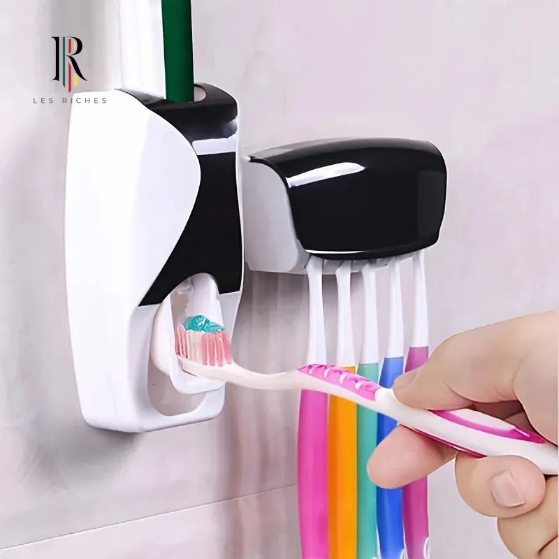1Set Toothbrush Holder with Automatic Toothpaste Dispenser Wall Mounted Toothbrush Storage Rack & Bathroom Toothpaste Squeezer