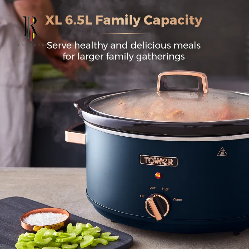T16043MNB Cavaletto 6.5 Litre Slow Cooker with 3 Heat Settings, Removable Pot and Cool Touch Handles, Midnight Blue and Rose Gold