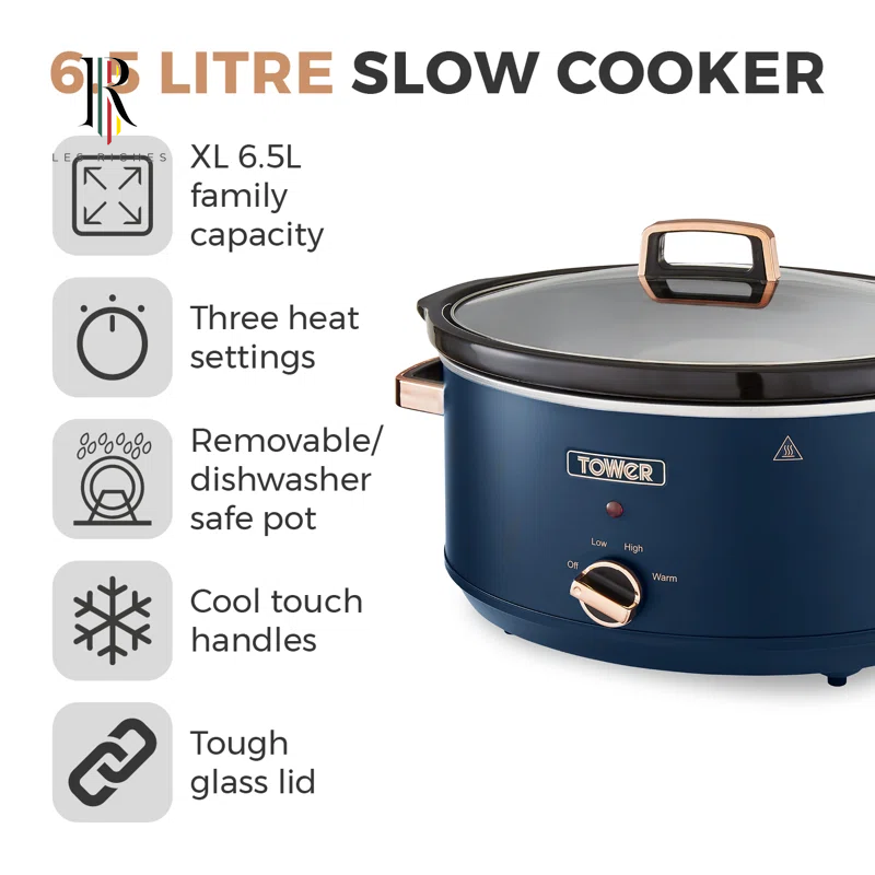 T16043MNB Cavaletto 6.5 Litre Slow Cooker with 3 Heat Settings, Removable Pot and Cool Touch Handles, Midnight Blue and Rose Gold