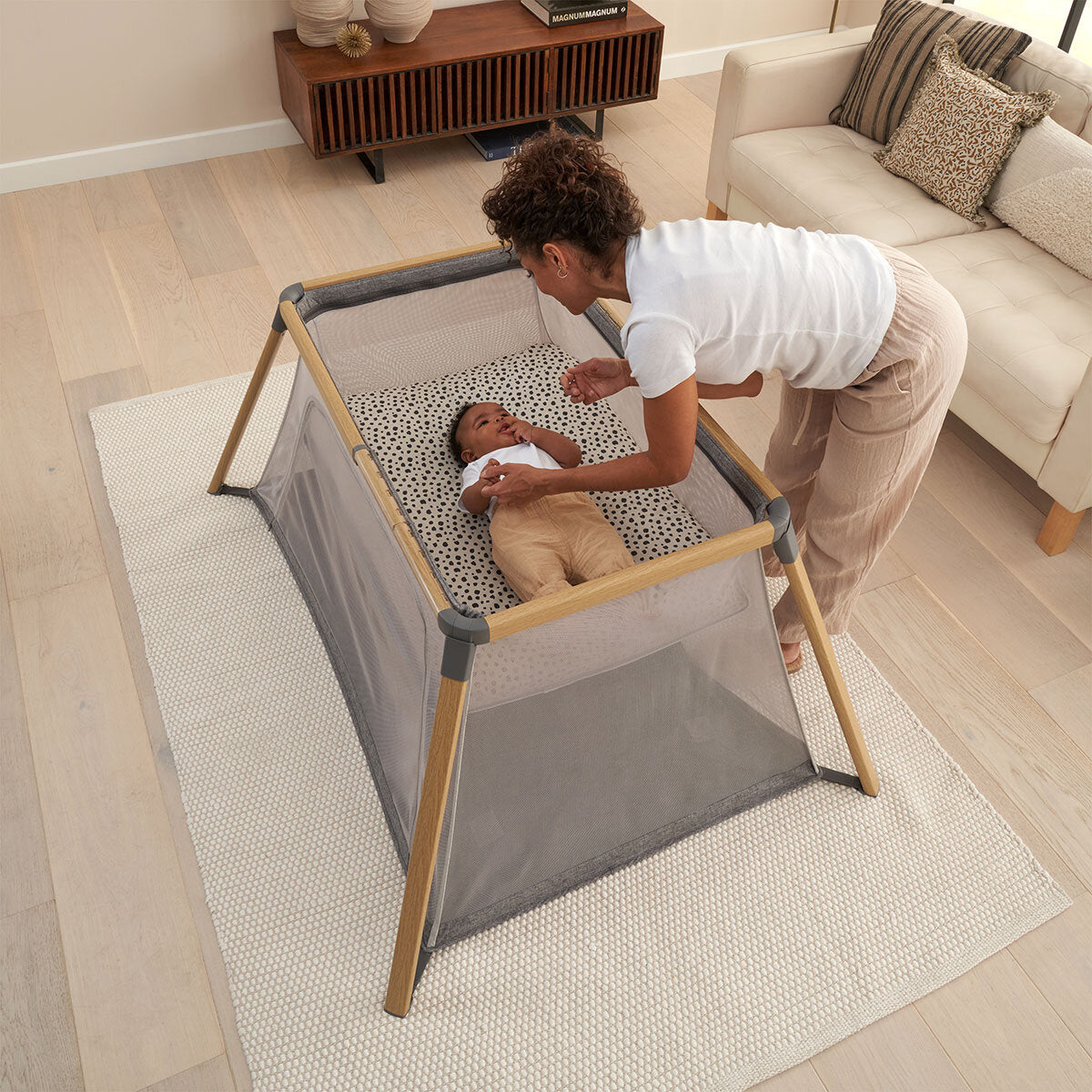 Cozee Go Day & Night Travel Cot Bundle, Oak & Charcoal Finish