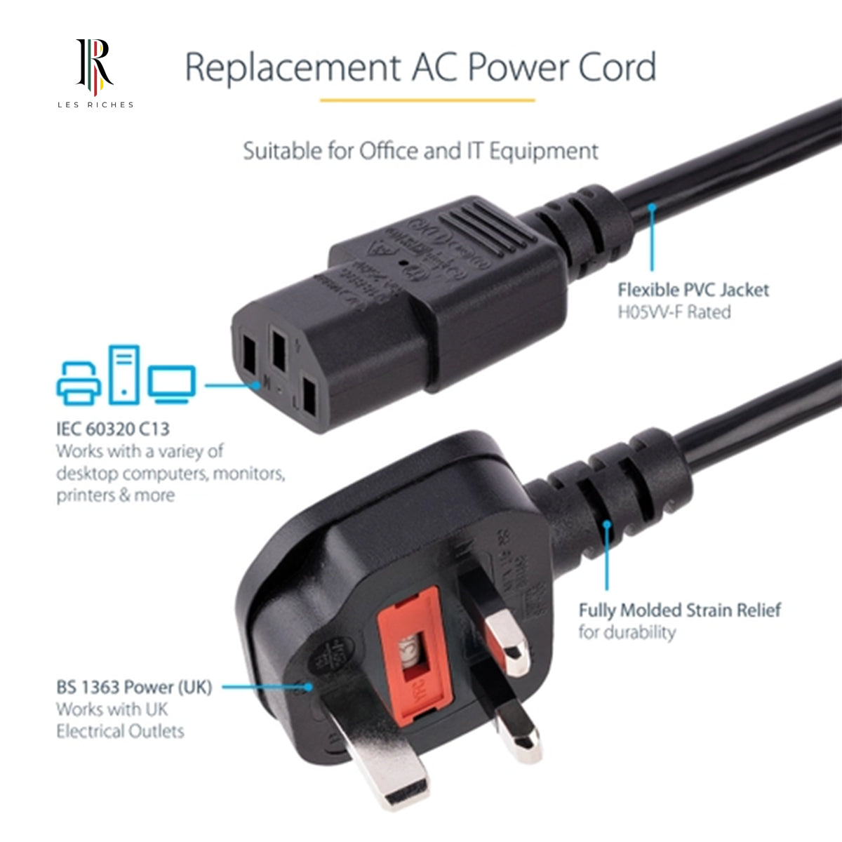 StarTech.com 10ft (3m) UK Computer Power Cable, BS 1363 to C13, 18AWG, 10A 250V AC Power Cord - Black